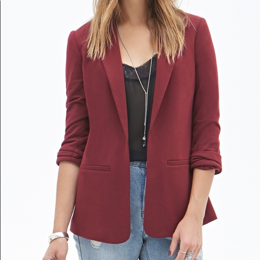 F21 Cuffed Knit Blazer 3/4 Sleeve Burgundy Small
